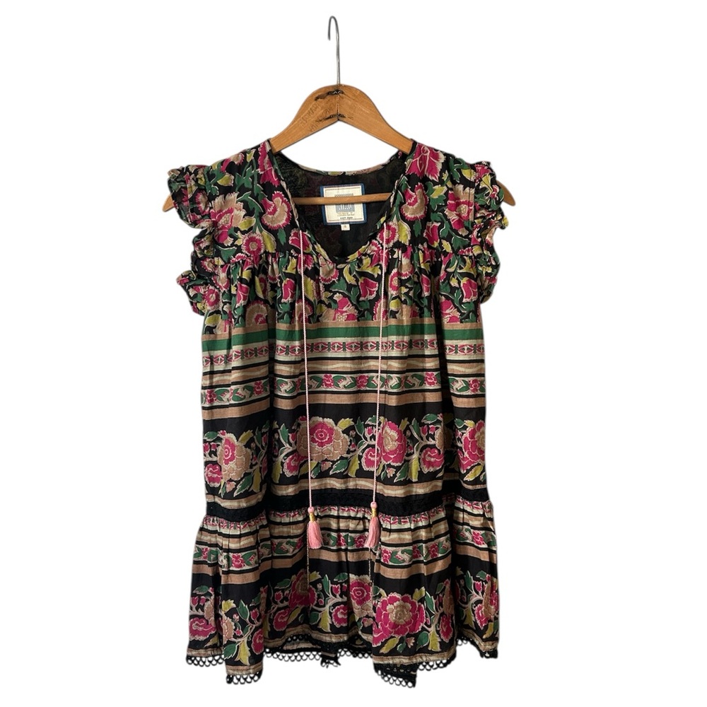 Alicia Bell | Women’s Black/Pink/Green floral ruffle cap sleeve tassel top, Sz S